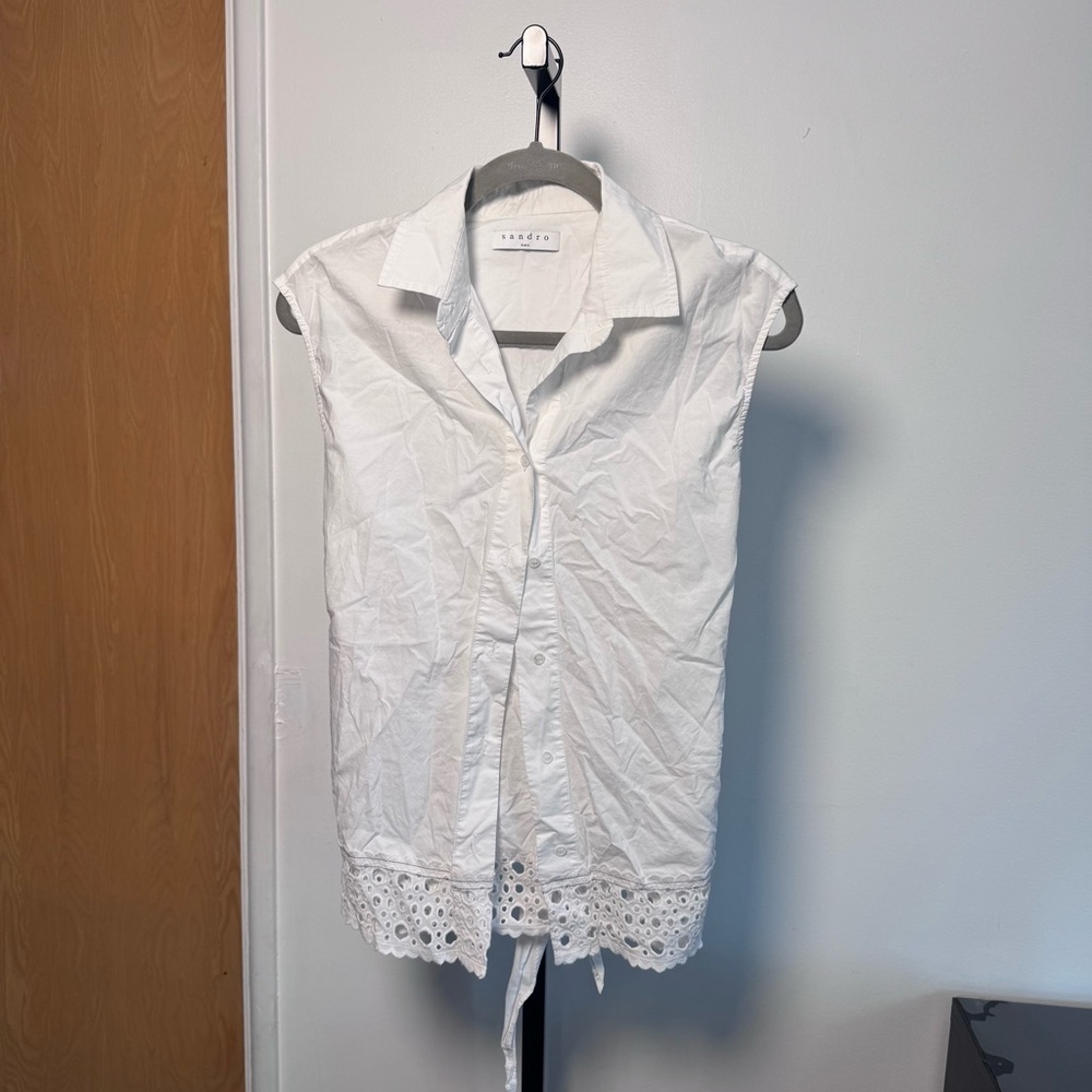 Sandro Paris Sleeveless White Button-Up Eyelet Hem Top tie back size 1